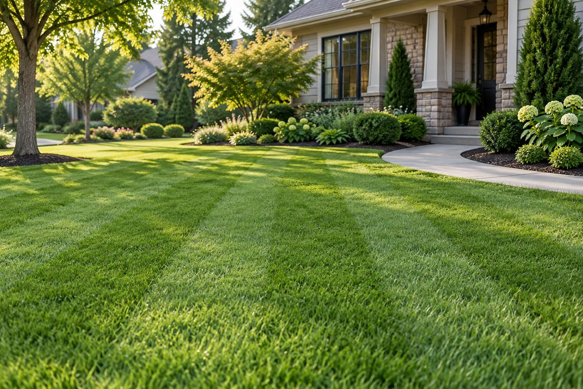 Freshly mowed front lawn